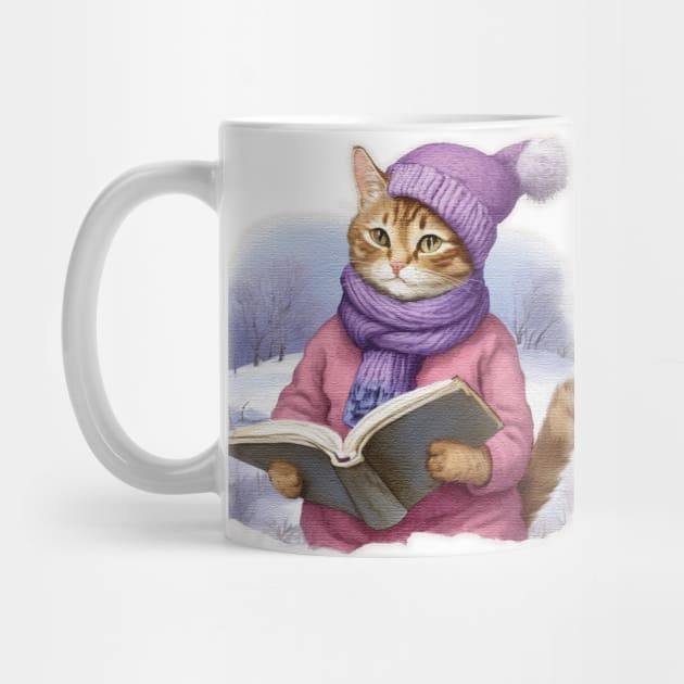 Adorable Cute Cat Read A Book wearing a  purple hat and scarf by JnS Merch Store